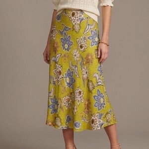 Karen Kane Floral Midi Skirt XL Pull On Mustard Elastic Waist Cottage Spring